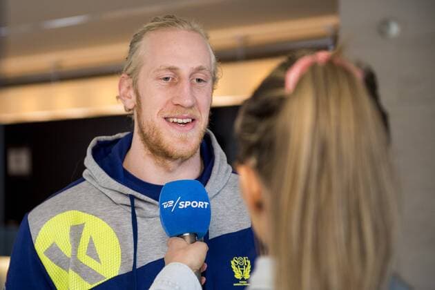 180115 Malvakt Mikael Appelgren intervjuas under en pressträff med det svenska landslaget i handboll under Handbolls-EM 2018 den 15 januari 2018 i Split. Copyright: LUDVIGxTHUNMAN BB180115LT015