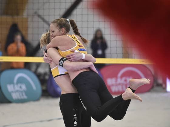 Czech Kristyna Kolocova (right) and Michala Kvapilova celebrate victory in the women Beach volleyball Beachvolleyball CEV European Championship EM Europameisterschaft Tour Masters final match Kolocova and Kvapilova vs Tina Graudina and Anastasia Kravchenko of Latvia in Pelhrimov, Czech Republic, Sunday, January 14, 2018. (CTKxPhoto LubosxPavlicek) CTKPhotoP201801140498501  _PAV0699