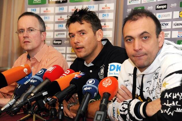 Zagreb, Kroatien, Hotel Panorama, 16.1.2018 Männer- Handball, Europa-Meisterschaft 2018 Pressekonferenz des DHB; Deutschen Handballbund mit v. li. DHB-Pressesprecher Tim Oliver Kalle; Bundestrainer Deutschland, Christian Prokop und DHB-Vizepräsident; Delegationsleiter, Bob Hanning
