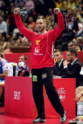 180116 Sveriges malvakt Andreas Palicka jublar under handbollsmatchen mellan Kroatien och Sverige under Handbolls-EM 2018 den 16 januari 2018 i Split. Copyright: LUDVIGxTHUNMAN BB180116LT029