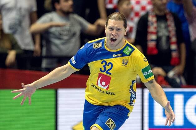180116 Sveriges Mattias Zachrisson jublar under handbollsmatchen mellan Kroatien och Sverige under Handbolls-EM 2018 den 16 januari 2018 i Split. Copyright: LUDVIGxTHUNMAN BB180116LT038