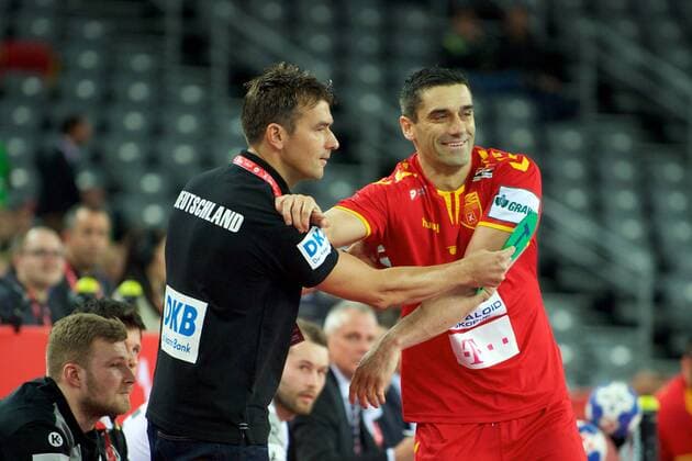Handball Zagreb 17.01.2018 Europameisterschaft Herren Männer Euro Europameisterschaften Vorrunde Deutschland (GER) - Mazedonien (MKD) LAZAROV Kiril (Mazedonien, No. 07) Christian Prokop (Deutschland, Trainer)