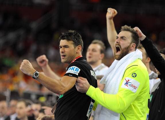 Zagreb, Kroatien, Zagreb Arena, 17.1.2018 Männer- Handball, Europa-Meisterschaft 2018 Deutschland vs. Mazedonien Jubel Bundestrainer Deutschland, Christian Prokop und ANDREAS WOLFF (THW KIEL), Deutschland