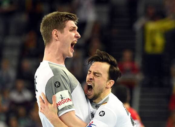 Zagreb, Kroatien, Zagreb Arena, 17.1.2018 Männer- Handball, Europa-Meisterschaft 2018 Deutschland vs. Mazedonien Jubel v. li.Finn Lemke (MT Melsungen), Deutschland; PATRICK GROETZKI (RHEIN-NECKAR LÖWEN), Deutschland