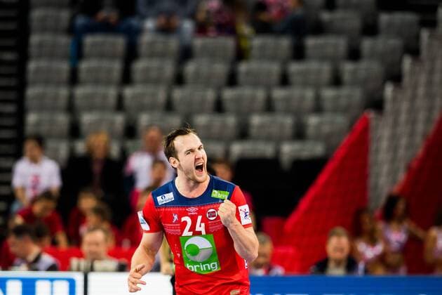 180118 Norges Christian O Sullivan jublar under handbollsmatchen mellan Serbien och Norge under Handbolls-EM 2018 den 18 januari 2018 i Zagreb. Copyright: LUDVIGxTHUNMAN BB180118LT076