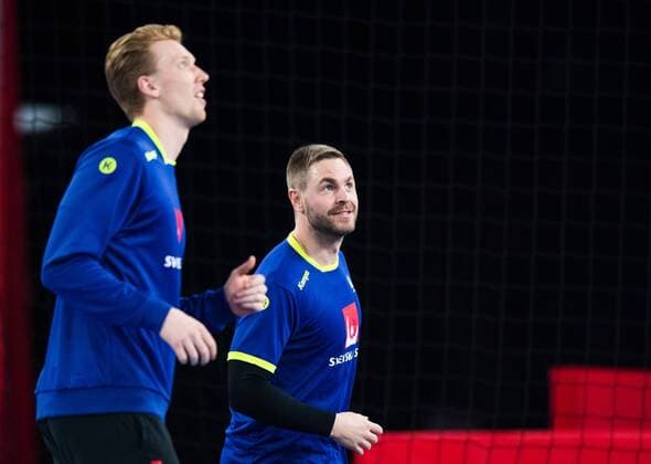 Handball WM, Training Schweden 180119 Sveriges Simon Jeppsson och malvakt Andreas Palicka under en träning med Sveriges landslag i handboll under Handbolls-EM 2018 den 19 januari 2018 i Zagreb. Copyright: LUDVIGxTHUNMAN BB180119LT076