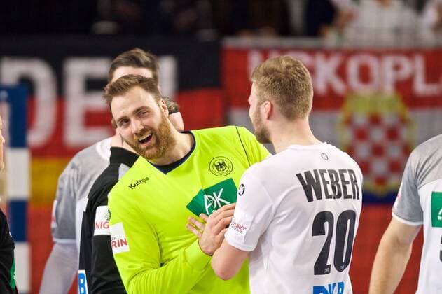 Handball Varazdin 19.01.2018 Europameisterschaft Herren Männer Euro Europameisterschaften Zwischenrunde Deutschland (GER) - Tschechien (CZE) Andreas Wolff (Deutschland, TW, No.33) Jubel Philipp Weber (Deutschland, No.20)