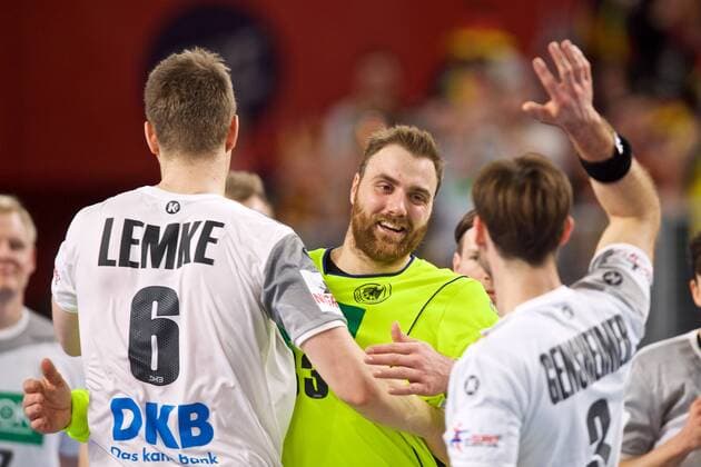 Handball Varazdin 19.01.2018 Europameisterschaft Herren Männer Euro Europameisterschaften Zwischenrunde Deutschland (GER) - Tschechien (CZE) Andreas Wolff (Deutschland, TW, No.33) Jubel Uwe Gensheimer (Deutschland, No.03) Finn Lemke (Deutschland, No.06)