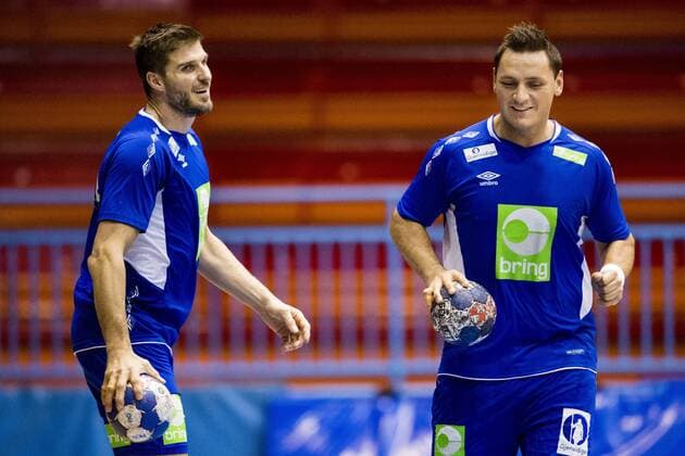Handball WM, Training Norwegen 180119 Bjarte Myrhol och Joakim Hykkerud under en träning med Norges landslag i handboll under Handbolls-EM 2018 den 19 januari 2018 i Zagreb. Copyright: LUDVIGxTHUNMAN BB180119LT173