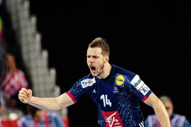 180120 Frankrikes Kentin Mahe jublar under handbollsmatchen mellan Sverige och Frankrike under Handbolls-EM 2018 den 20 januari 2018 i Zagreb. Copyright: LUDVIGxTHUNMAN BB180120LT011