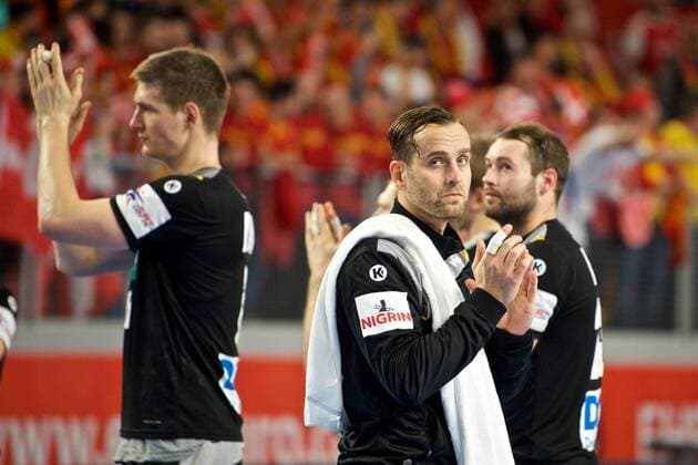 Handball, EM, Deutschland - Dänemark Handball Varazdin 21.01.2018 Europameisterschaft Herren Männer Euro Europameisterschaften Zwischenrunde Deutschland (GER) - Dänemark (DAN) Silvio Heinevetter (Deutschland, TW, No.12) Finn Lemke (Deutschland, No.06) Steffen Fäth (Deutschland, No.23) Faeth Fath