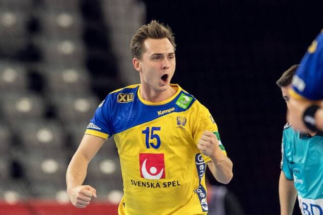 180122 Sveriges Hampus Wanne jublar under handbollsmatchen mellan Sverige och Belarus under Handbolls-EM 2018 den 22 januari 2018 i Zagreb. Copyright: LUDVIGxTHUNMAN BB180122LT037