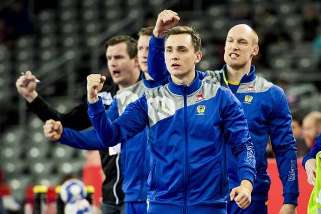 Handball, EM, Schweden - Weißrussland 180122 Sveriges Hampus Wanne jublar med lagkamraterna under handbollsmatchen mellan Sverige och Belarus under Handbolls-EM 2018 den 22 januari 2018 i Zagreb. Copyright: LUDVIGxTHUNMAN BB180122LT042