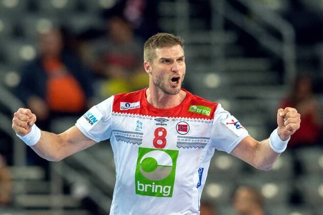 180124 Norges Bjarte Myrhol jublar under handbollsmatchen mellan Sverige och Norge under Handbolls-EM 2018 den 24 januari 2018 i Zagreb. Copyright: LUDVIGxTHUNMAN BB180124LT015