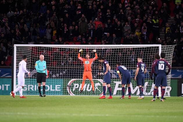 01 KEVIN TRAPP (psg) - 21 Marcus THURAM (gui) - PENALTY - BUT FOOTBALL : Paris SG vs Guingamp - Coupe de France - 24 01 2018 AnthonyBIBARD FEP Panoramic 