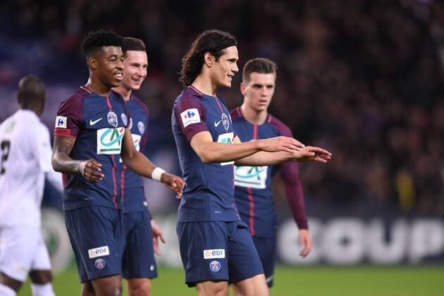 23 JULIAN DRAXLER (psg) - 09 EDINSON CAVANI (psg) - 03 PRESNEL KIMPEMBE (psg) - JOIE FOOTBALL : Paris SG vs Guingamp - Coupe de France - 24 01 2018 AnthonyBIBARD FEP Panoramic 