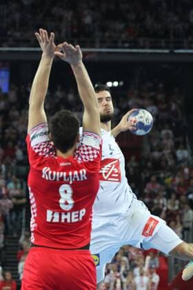 24th January 2018, Arena Zagreb, Zagreb, Croatia; 2018 European Mens Handball Championship, Croatia versus France; Niedim Remili (France) shots past Marko Kopljar (Ser)  ActionPlus11976894