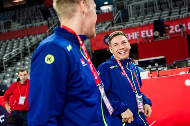 180125 Sveriges Fredric Pettersson och Jerry Tollbring under pressträff med Svenska landslaget i handboll under Handbolls-EM 2018 den 25 januari 2018 i Zagreb. Copyright: FREDRIKxVARFJELL BB180125BB293