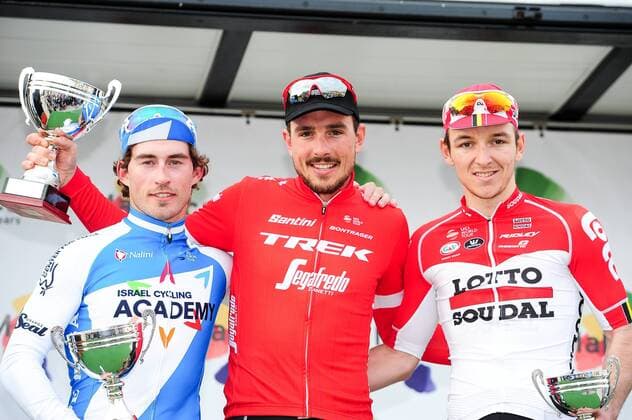 Themen der Woche - SPORT Bilder des Tages - SPORT Podium v.l.n.r. (2.) Sondre Holst Enger ( NOR Cycling Academy ) - (1.) John Degenkolb ( GER Trek-Segafredo ) - (3.) Jasper De Buyst ( BEL Lotto-Soudal ) - Querformat - quer - horizontal Event Veranstaltung: 27. Mallorca Challenge 2018 - Trofeo Campos to Ses Salines 176.0 km Location Ort: Ses Salines - Mallorca - Spanien - Europa - Date Datum: 22.01.2018