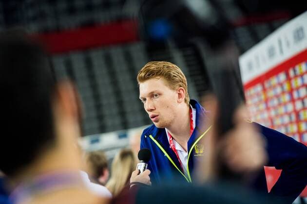 180125 Sveriges Simon Jeppsson under pressträff med Svenska landslaget i handboll under Handbolls-EM 2018 den 25 januari 2018 i Zagreb. Copyright: FREDRIKxVARFJELL BB180125BB297
