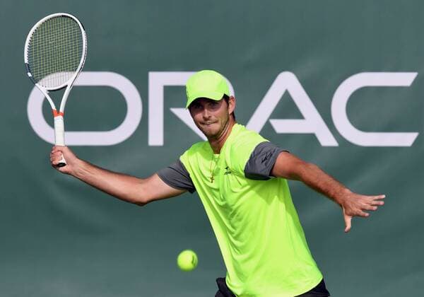 NEWPORT BEACH, CA - JANUARY 25: Dennis Novikov (USA) in action during a match against Reilly Opelka (USA) during the Oracle Challenger Series tournament played on January 25, 2018 at the Newport Beach Tennis Club in Newport Beach, CA. (Photo by John Cordes Icon Sportswire) TENNIS: JAN 25 Oracle Challenger Series Icon506180125045 EDITORIAL USE ONLY