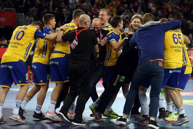 European Handball Championship, semifinal, Denmark - Sweden 26.01.2018., Arena Zagreb, Zagreb, Croatia - 2018 European Men s Handball Championship, semifinal, Denmark - Sweden. Swedish team celebrates the victory and entering the finals.  DaliborxUrukalovic PIXSELL