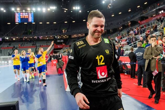 180126 Sveriges malvakt Andreas Palicka jublar efter semifinalen mellan Sverige och Danmark under Handbolls-EM 2018 den 26 januari 2018 i Zagreb. Copyright: FREDRIKxVARFJELL BB180126FV119