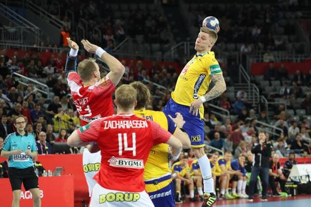 January 26th 2018, Zagreb, Croatia; European Mens Handball Championship, Denmark versus Sweden; Linus Andersson (Sweden) up high in shooting action  ActionPlus11977881