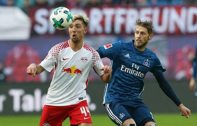 Kevin Kampl, Aaron Hunt Aktion Spielszene Zweikampf Fußball Fussball erste 1.Bundesliga Saison 2017 2018 27.01.2018 RB Leipzig RBL vs. Hamburger SV HSV