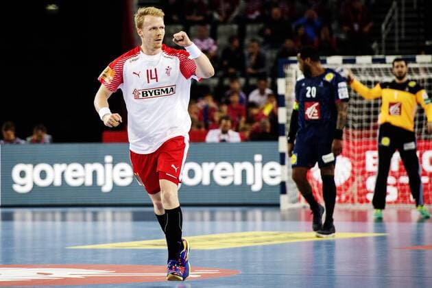 180128 Danmarks Anders Zachariassen jublar under bronsmatchen mellan Danmark och Frankrike under Handbolls-EM 2018 den 28 januari 2018 i Zagreb. Copyright: FREDRIKxVARFJELL BB180128FV017