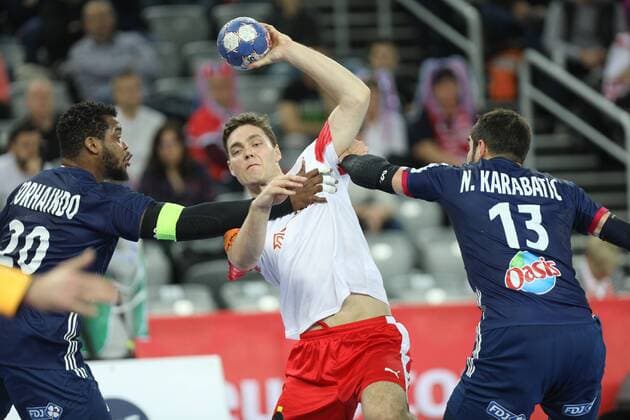 Zagreb, 28 01 2018 - Arena Zagreb, 2018 Men s European Championship EM Europameisterschaft Finals, 3rd place, France (blue) - Denmark (red) 