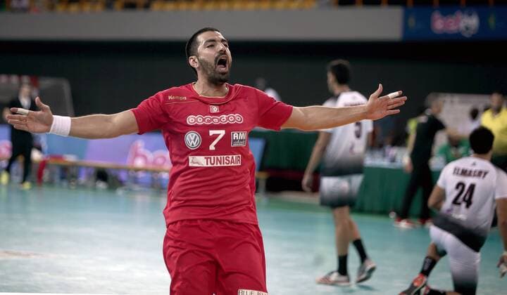 Tunisian player C. Boukadida shouting with joy following the victory of African men s handball champion after Tunisia s victory against Egypt in the final of the 23rd African Handball Cup at the Paris Sports Palace. Libreville, January 27, 2018. Tunisia-Egypt: 26-24 Libreville Gabon Copyright: xOlivierxEbanga Afrikimages imagox