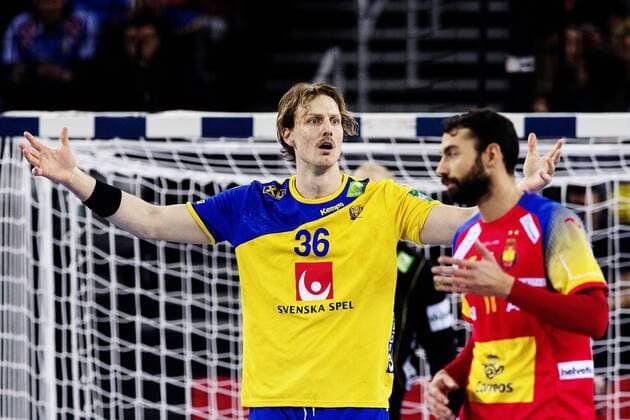 180128 Sveriges Jesper Nielsen reagerar under finalen mellan Sverige och Spanien under Handbolls-EM 2018 den 28 januari 2018 i Zagreb. Copyright: FREDRIKxVARFJELL BB180128FV089