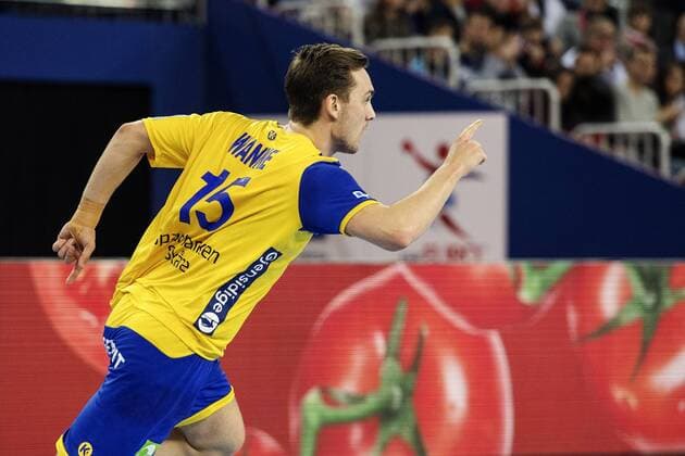 180128 Sveriges Hampus Wanne jublar under finalen mellan Sverige och Spanien under Handbolls-EM 2018 den 28 januari 2018 i Zagreb. Copyright: FREDRIKxVARFJELL BB180128FV097
