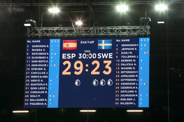 Handball EM Finale, Spanien ist Europameister HANDBALL - EHF EURO 2018, ESP vs SWE ZAGREB,CROATIA,28.JAN.18 - HANDBALL - EHF European Championship EM Europameisterschaft final, Spain vs Sweden. Image shows a scoreboard. GEPAxpictures xMaticxKlansek