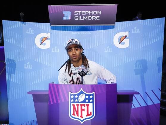 New England Patriots cornerback Stephon Gilmore speaks to the media at Super Bowl LII Opening Night at Xcel Energy Center in Minneapolis, Minnesota on January 29, 2018. Super Bowl LII will be played between the Philadelphia Eagles and New England Patriots on Feb 4th at U.S. Bank Stadium.  SBP20180129314 KAMILxKRZACZYNSKI