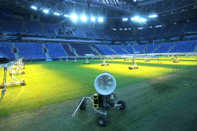 ST PETERSBURG, RUSSIA â€“ JANUARY 30, 2018: Lamps enhancing grass growth on the pitch at Saint Petersburg Stadium, a venue for 2018 FIFA World Cup WM Weltmeisterschaft Fussball matches. Peter Kovalev TASS  TS0717EE