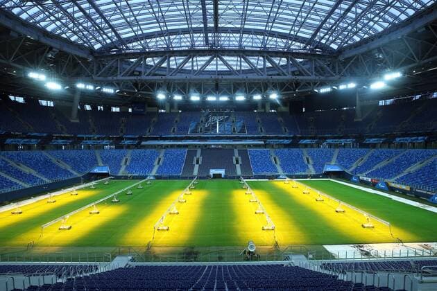 ST PETERSBURG, RUSSIA â€“ JANUARY 30, 2018: Lamps enhancing grass growth on the pitch of Saint Petersburg Stadium, a venue for 2018 FIFA World Cup WM Weltmeisterschaft Fussball matches. Peter Kovalev TASS  TS07181D