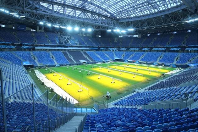 ST PETERSBURG, RUSSIA â€“ JANUARY 30, 2018: Lamps enhancing grass growth on the pitch of Saint Petersburg Stadium, a venue for 2018 FIFA World Cup WM Weltmeisterschaft Fussball matches. Peter Kovalev TASS  TS071820