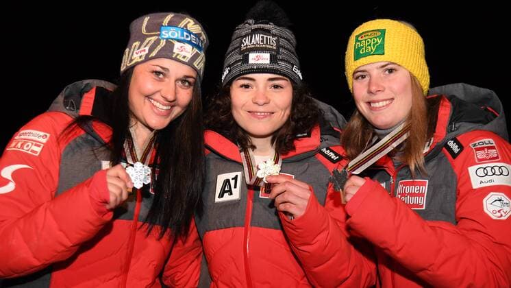 ALPINE SKIING - FIS Alpine Junior World Ski Championships DAVOS,SWITZERLAND,31.JAN.18 - ALPINE SKIING - FIS Alpine Junior World Ski Championships Davos 2018, award cermony, ladies. Image shows the austrian medal winners Franziska Gritsch, Julia Scheib and Katharina Liensberger (AUT). GEPAxpictures xOliverxLerch