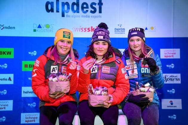 ALPINE SKIING - FIS Alpine Junior World Ski Championships DAVOS,SWITZERLAND,31.JAN.18 - ALPINE SKIING - FIS Alpine Junior World Ski Championships Davos 2018, award ceremony, giant slalom, ladies. Image shows the podium: Katharina Liensberger, Luca Tanner (AUT) and Riikka Honkanen (FIN). GEPAxpictures xOliverxLerch