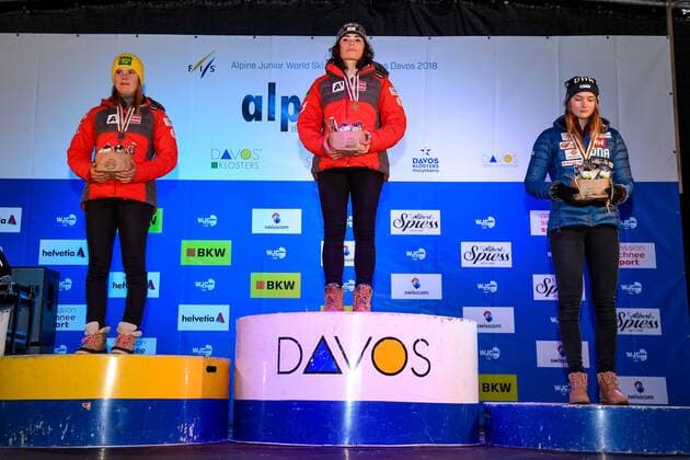 ALPINE SKIING - FIS Alpine Junior World Ski Championships DAVOS,SWITZERLAND,31.JAN.18 - ALPINE SKIING - FIS Alpine Junior World Ski Championships Davos 2018, award ceremony, giant slalom, ladies. Image shows the podium: Katharina Liensberger, Luca Tanner (AUT) and Riikka Honkanen (FIN). GEPAxpictures xOliverxLerch