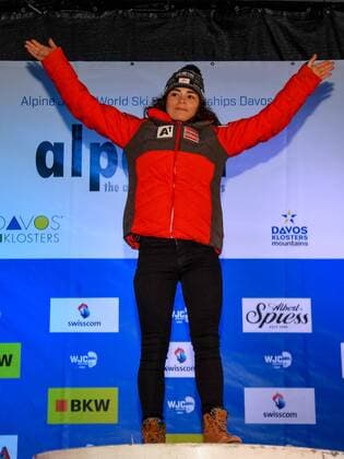 ALPINE SKIING - FIS Alpine Junior World Ski Championships DAVOS,SWITZERLAND,31.JAN.18 - ALPINE SKIING - FIS Alpine Junior World Ski Championships Davos 2018, award ceremony, giant slalom, ladies. Image shows the rejoicing of Julia Scheib (AUT). GEPAxpictures xOliverxLerch