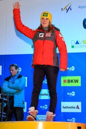 ALPINE SKIING - FIS Alpine Junior World Ski Championships DAVOS,SWITZERLAND,31.JAN.18 - ALPINE SKIING - FIS Alpine Junior World Ski Championships Davos 2018, award ceremony, giant slalom, ladies. Image shows the rejoicing of Katharina Liensberger (AUT). GEPAxpictures xOliverxLerch
