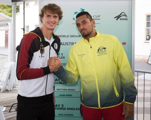 Einzelspieler L-R ALEXANDER ZVEREV (GER) und NICK KYRGIOS (AUS),Auslosung,Portrait, Davis Cup- Australia vs Germany, Pat Rafter Arena, Brisbane Tennis - Davis Cup 2018 - ITF Davis Cup - Pat Rafter Arena - Brisbane - - Australia - 1 February 2018. Copyright: xJuergenxHasenkopfx