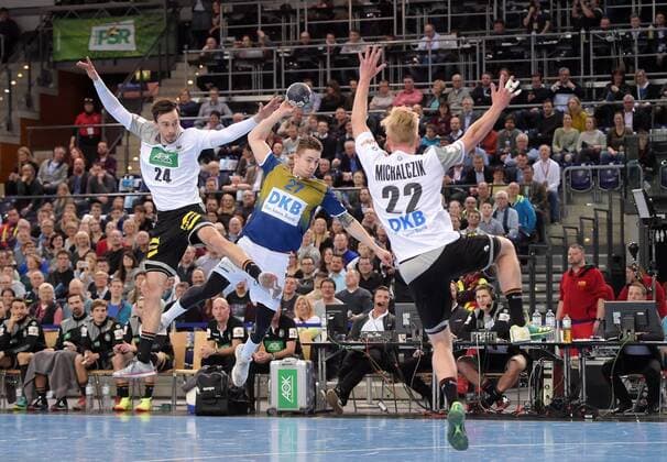 Patrick Groetzki (GER 24), Michael Damgaard (All Star 27), Marian Michalczik (GER 22) (l-r) beim All Star Game 2018 im Handball - Deutsche Nationalmannschaft gegen Bundesliga-Auswahl am 02.02.2018 in Leipzig (Sachsen). Leipzig Copyright: xEIBNER ChristianxModlax EP_CMA