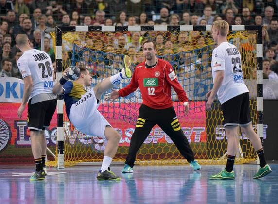 Maximilian Janke (GER 26), Kresimir Kozina (All Star 44), Torwart Silvio Heinevetter, Marian Michalczik (GER 22) (l-r) beim All Star Game 2018 im Handball - Deutsche Nationalmannschaft gegen Bundesliga-Auswahl am 02.02.2018 in Leipzig (Sachsen). Leipzig Copyright: xEIBNER ChristianxModlax EP_CMA