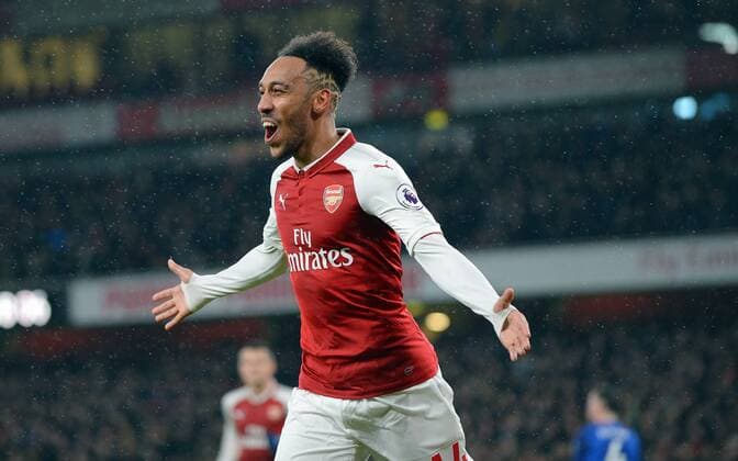 Themen der Woche - SPORT Bilder des Tages - SPORT Pierre Emerick Aubameyang of Arsenal celebrates scoring his goal to make it 4-0 during the premier league match at the Emirates Stadium, London. Picture date 3rd February 2018. Picture credit should read: Robin Parker Sportimage EDITORIAL USE ONLY. No use with unauthorised audio, video, data, fixture lists, club league logos or live services. Online in-match use limited to 120 images, no video emulation. No use in betting, games or single club league player publications. DSC_0141.JPG