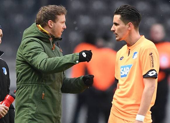 03.02.2018, xmeix, Fussball 1.Bundesliga, Hertha BSC Berlin - TSG 1899 Hoffenheim, emspor v.l. Hoffenheims Trainer Julian Nagelsmann (TSG 1899 Hoffenheim) mit Benjamin Huebner (TSG 1899 Hoffenheim) Berlin