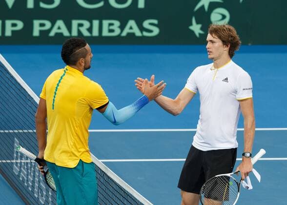 NICK KYRGIOS (AUS) gratuliert dem Sieger ALEXANDER ZVEREV (GER), Davis Cup AUS_GER, Pat Rafter Arena, Brisbane Tennis - Davis Cup 2018 - ITF Davis Cup - Pat Rafter Arena - Brisbane - - Australia - 4 February 2018. Copyright: xJuergenxHasenkopfx